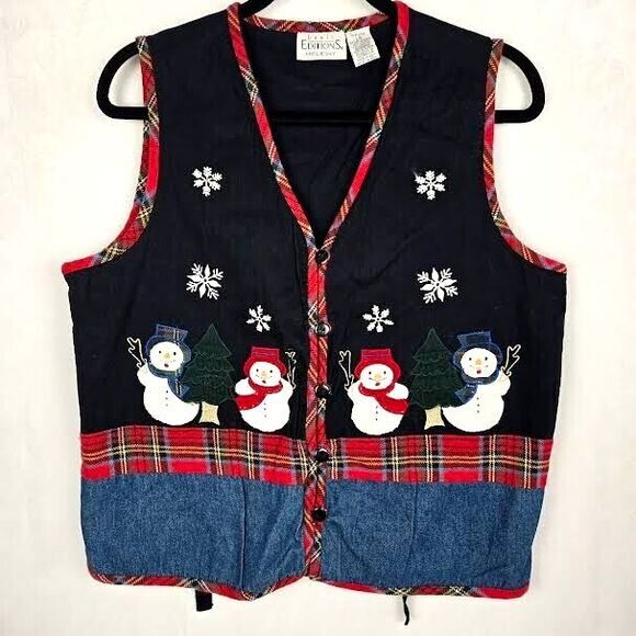 Vtg Basic‎ Editions Christmas Sweater Vest Womens L Snowmen Embroidered Sequin - Picture 1 of 6